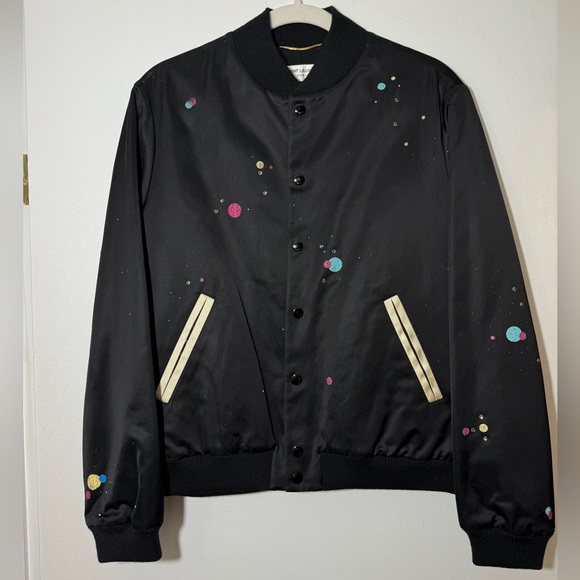 Saint Laurent Satin Bomber Jacket with Logo and Crystals - Picture 2 of 6